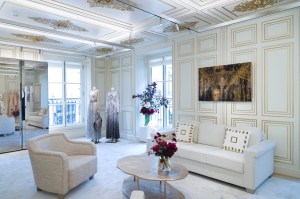 Eveningwear is showcased in a gilded salon.