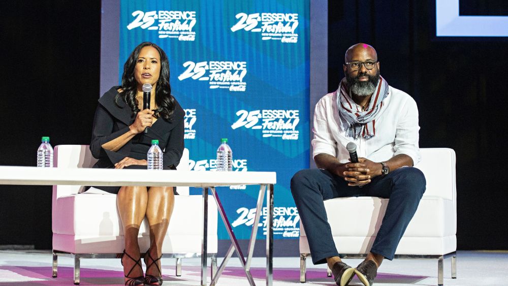Michelle Ebanks; Richelieu Dennis. Michelle Ebanks, left, and Richelieu Dennis speak at the 2019 Essence Festival at the Ernest N. Morial Convention Center, in New Orleans2019 Essence Festival - Day 2, New Orleans, USA - 06 Jul 2019