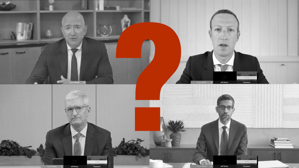 (Clockwise from upper left) Amazon ceo Jeff Bezos, Facebook ceo Jeff Zuckerberg, Apple ceo Tim Cook, Alphabet ceo Sundar Pichai.