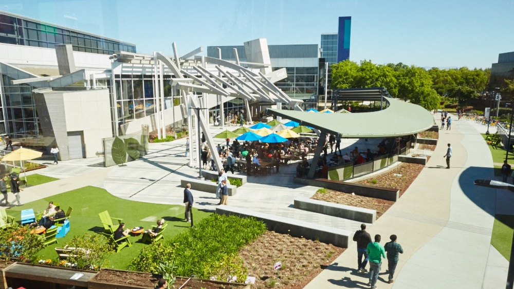 The Googleplex, once a campus humming with tech talent (pictured), is practically a ghost town and will remain so, with remote-work policy now extended to July 2021.