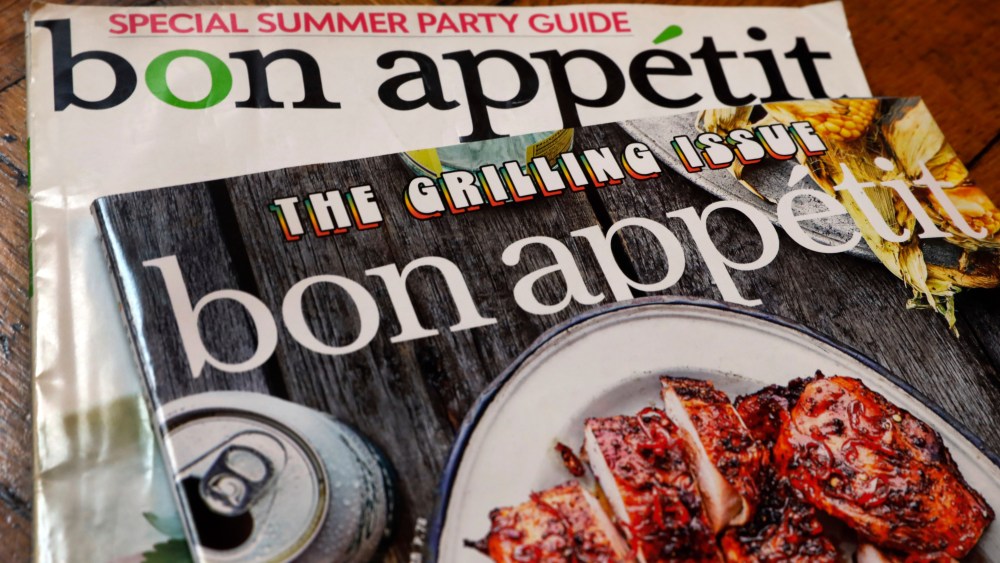 Two covers of Bon Appetit magazine are shown in this photo, in New York, Wednesday, June 10, 2020. The staff at Bon Appetit, whose top editor resigned after a revolt by the journalists there after an offensive photo of him circulated online amid longstanding issues over treatment of people of color, said in a statement Wednesday, June 10,  that "our mastheads have been far too white for far too long" and the magazine was making changes. (AP Photo/Richard Drew)