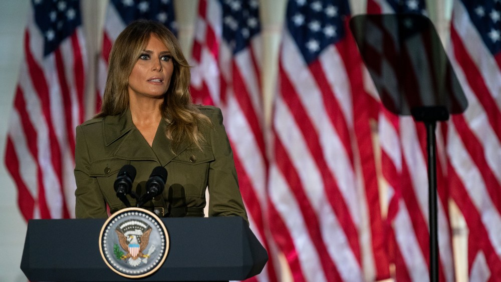 First lady Melania Trump speaks to the 2020 Republican National Convention from the Rose Garden of the White House, Tuesday, Aug. 25, 2020, in Washington. (AP Photo/Evan Vucci)