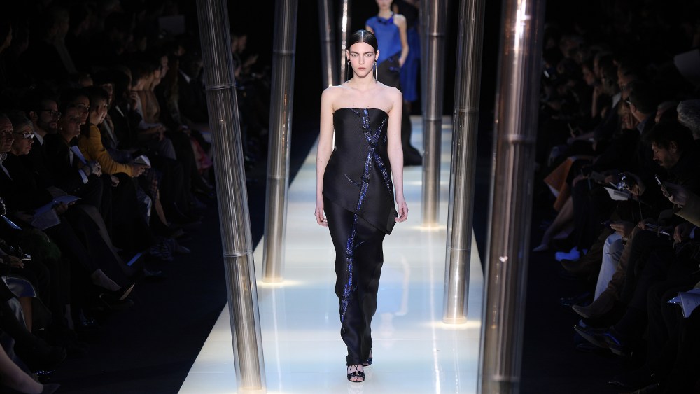 A model wears a creation by Italian designer Giorgio Armani as part of Giorgio Armani PrivÈ spring/summer 2015 collection.
