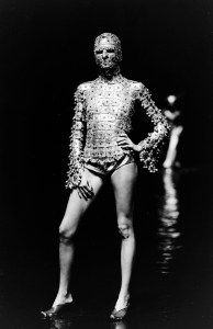 A model poses in an chain mail mask and shirt ensemble from the Islamic-inspired "Eye" collection. This is the designers first show in New York City.