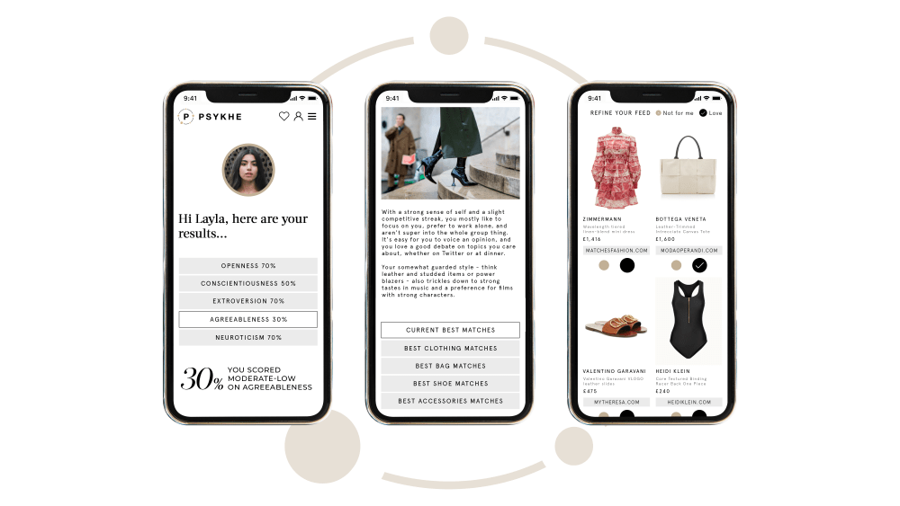 Personalized information and fashion recommendations generated by Psykhe technology.