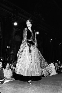 A model poses in an ensemble from the Russian inspired collection designed by Yves Saint Laurent.