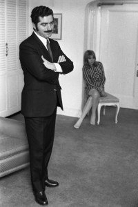 Paco Rabanne previewing his Spring 1967 RTW collection for reporters.