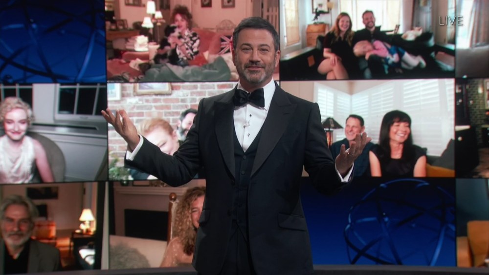 Host Jimmy Kimmel speaks on stage during the 72nd Emmy Awards telecast on Sunday, Sept. 20, 2020 at 8:00 PM EDT/5:00 PM PDT on ABC. (Invision for the Television Academy/AP)