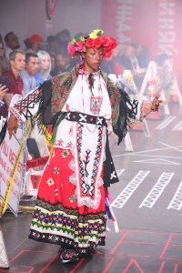 A model walks the runway in the debut African-Russian inspired collection designed by Marusya Vadimovna Kazakova of Jahnkoy.