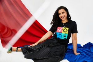 Prabal Gurung’s T-shirt and Nanushka’s vegan leather skirt. Prada shoes; Jennifer Fisher necklace.
