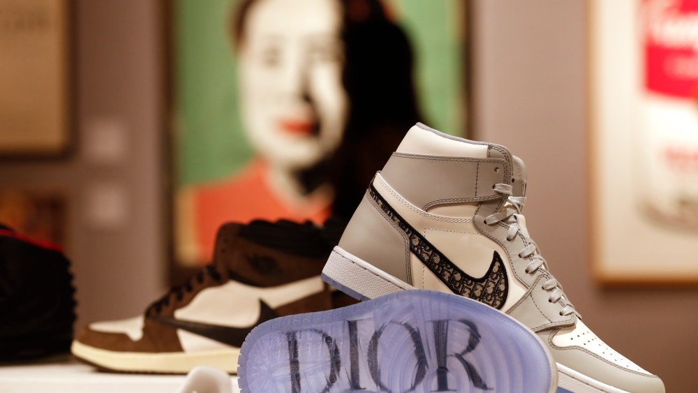 A pair of Dior X Nike Air Jordan 1 High OG 2020 sneakers at Bonhams auction house in London.