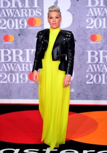 Brit Awards 2019 - Arrivals - London. Pink attending the Brit Awards 2019 at the O2 Arena, London. Picture date: Wednesday February 20, 2019. See PA story SHOWBIZ Brits. Photo credit should read: Ian West/PA Wire. EDITORIAL USE ONLY. URN:41314090 (Press Association via AP Images)