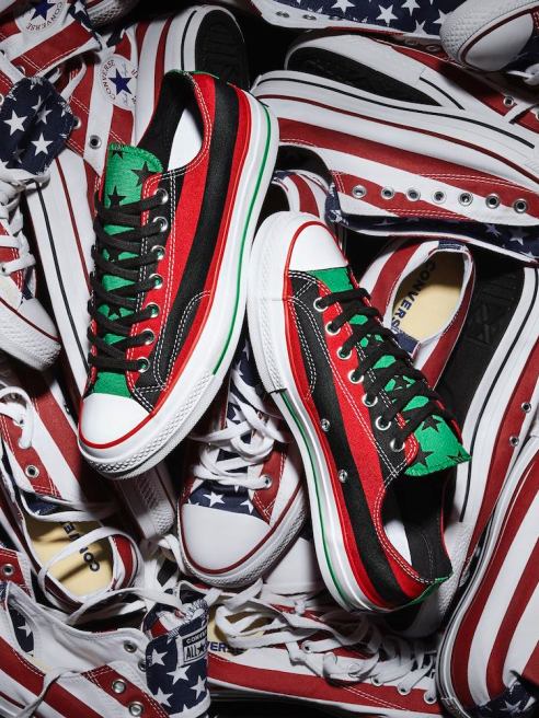 A new Denim Tears and Converse collab reimagines the Chuck 70 shoe with the African-American flag's colors and encourages Blacks to vote.