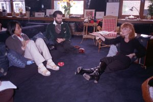 Designers Sonia Rykiel, Karl Lagerfeld and Kenzo Takada seated in Rykiel’s Paris apartment to discuss fashion in the 1970s for WWD, 1973.