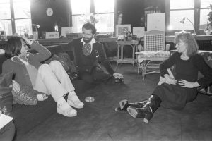 Designers Sonia Rykiel, Karl Lagerfeld and Kenzo Takada seated in Rykiel’s Paris apartment to discuss fashion in the 1970s for WWD, 1973.