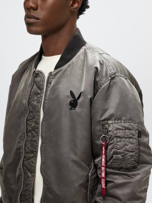 Alpha Industries debuted a bomber jacket designed in partnership with Playboy, marking its second collaboration with the label.
