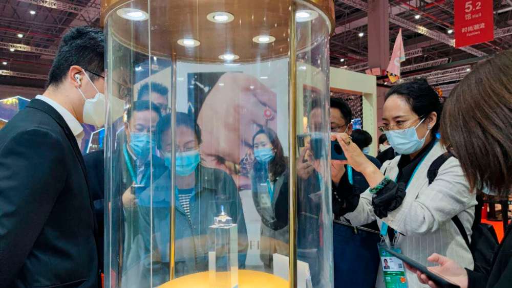 An 88-carat super black diamond, is on display at the 2020 China International Import Expo in Shanghai.