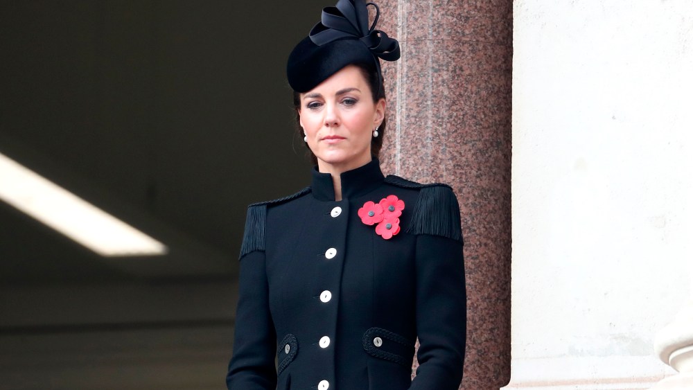 Remembrance Sunday. The Duchess of Cambridge stands on a balcony during the Remembrance Sunday service at the Cenotaph, in Whitehall, London. Picture date: Sunday November 8, 2020. See PA story MEMORIAL Remembrance. Photo credit should read: Chris Jackson/PA Wire URN:56522254 (Press Association via AP Images)