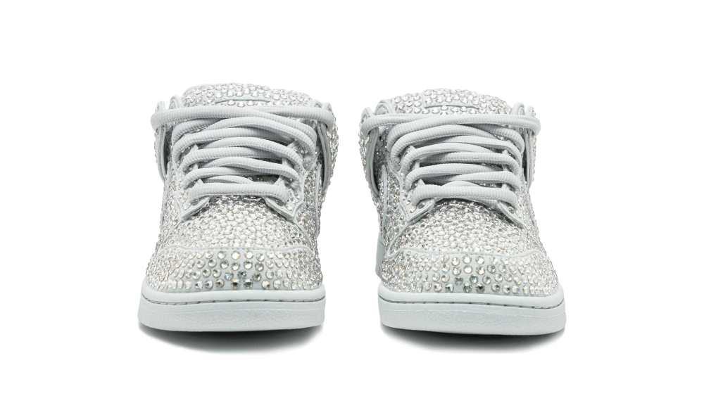 The Nike x Cactus Plant Flea Market Dunk Low features a disco-ball-reminiscent upper studded with Swarovski crystals.