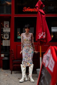 Rabôt’s top made from nylon, spandex and leftover fabric scraps under The Series’ dress made from reconstructed Twenties to Forties feedsack fabric Yo-Yo quilt and recycled polyester with Shuting Qiu’s tights. Bea Bongiasca necklace; Justine Clenquet chain necklace; Mounser earring; Hirotaka earring. Nodatelo boots.