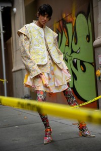 Kelsey Randall’s dress made from deadstock Sixties bedsheets under Matty Bovan’s cotton Liberty denim jacket with metal buttons and Carleen’s vest made from vintage quilts with Shuting Qiu’s tights and heels. Bea Bongiasca earrings; Gaviria necklace; Mounser necklace.