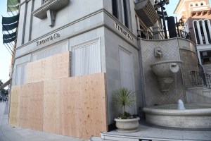 Boarded up stores across Rodeo Drive in Los Angeles.