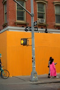 Boarded up stores across SoHo in New York .