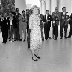 Former First Lady Maime Eisenhower arrives for a White House Tea on June 6, 1962, an event directly connected to the development of the John F. Kennedy Center for the Performing Arts.