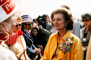 First Lady Betty Ford greets guests during a campaign stop in Florida on February 15, 1976.