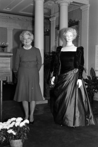 Barbara Bush photographed at the Smithsonian with her inaugural gown designed by Arnold Scaasi, in 1980.