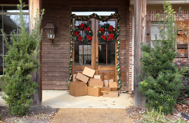 Boxes and packages next to front door during holiday christmas season.