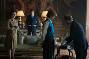 Picture shows: (L-R) Queen Elizabeth II (OLIVIA COLEMAN), Prince Charles (JOSH O'CONNOR) and Princess Diana (EMMA CORRIN) **VANITY FAIR EXCLUSIVE**