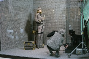 Olivier Rousteing shooting Balmain Pre-Fall 2021 collection in the windows of its Rue Saint-Honoré boutique.
