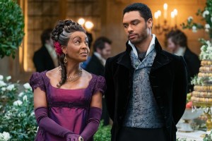 BRIDGERTON (L to R) ADJOA ANDOH as LADY DANBURY and REG-JEAN PAGE as SIMON BASSET in episode 108 of BRIDGERTON Cr. LIAM DANIEL/NETFLIX © 2020