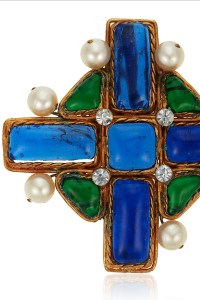 Rhinestone, Faux Pearl and Gripoix Glass Cross Pendant Brooch