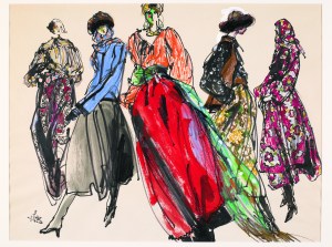 An image from Drawing Fashion: The Art of Kenneth Paul Block, featuring Yves Saint Laurents Ballet Russe collection.
