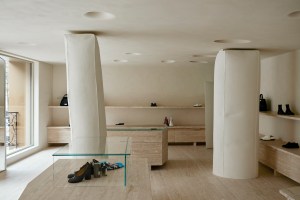 Displays of leather goods and shoes, including variations of the the iconic tabi style.