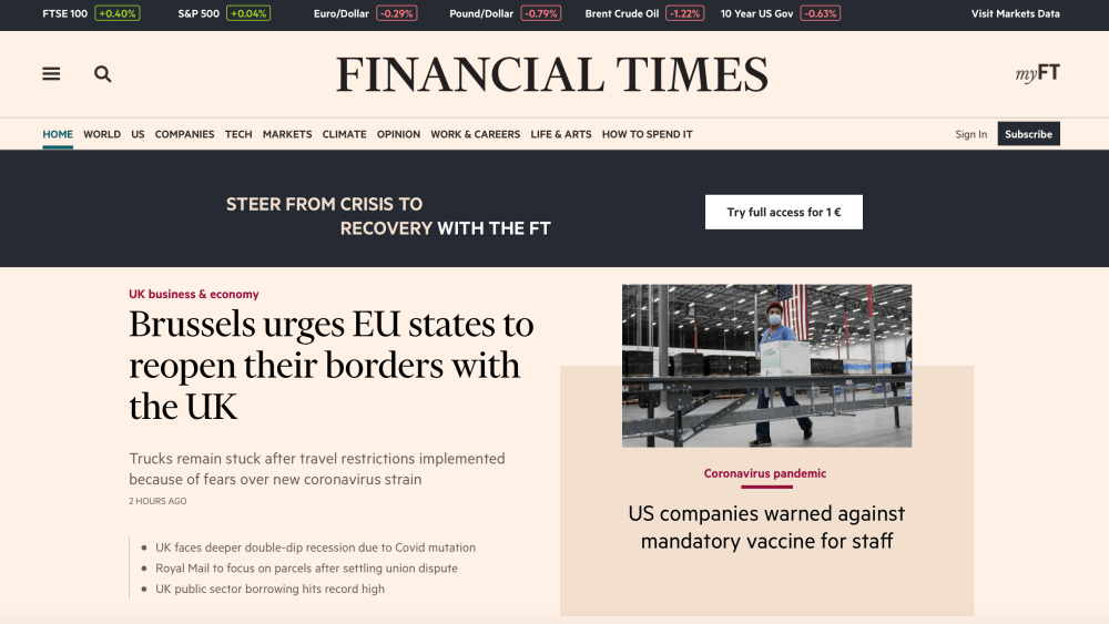 The Financial Times homepage