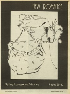 Barbara Bolan shoulderbag and Marliee and Rachel  Mercura brass wrist cuff for the Spring 1981 designer accessories advance. Illustration by Robert Young.