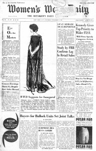 Kenneth Paul Block envisions incoming First Lady Jacqueline Kennedy's inaugural gown for the December 1, 1960 issue of WWD.