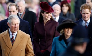 Britain's Prince William, back left, Prince Charles, front left, Kate Duchess of Cambridge, center, Camilla Duchess of Cornwall, foreground right, and Prince Harry, back right, arrive to attend a Christmas Service at St Mary's church on the grounds of Sandringham Estate, the Queen's Norfolk retreat, England, Sunday, Dec. 25, 2011. (AP Photo/Lefteris Pitarakis)