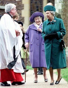 Queen Elizabeth II, accompanied by the Queen Mother, leaves Sandringham Church after attending Christmas morning service Thursday Dec. 25, 1997. Sixteen senior royals were at the  service held in St Mary Magdalene church on the Queen s Norfolk estate, close to Park House - the birthplace of Diana, Princess of Wales. (AP Photo/ John Stillwell)