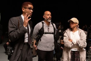 Kingsley Ben-Adir and Director Regina King on the set of ONE NIGHT IN MIAMI Photo: Patti Perret/Amazon Studios