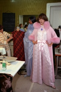 Two women wearing looks from the Pierre Cardin Fall/Winter Couture 1973 collection in Paris