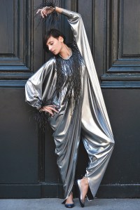 Silver bodysuit with fringe neckline from Pierre Cardins Spring/Summer 2011 collection in Paris