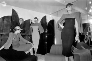 Designer Pierre Cardin poses with models in the 1979 couture collection