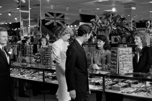 Princess Diana of Wales (C), Prince Charles of Wales (3rd from R), and guests attend an event at a JCPenney department store in Springfield, Virginia, on November 11, 1985.