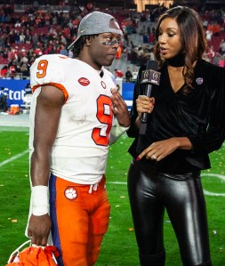 Dec 28, 2019 Glendale, AZ U.S.A Clemson Tigers running back Travis Etienne (9) on field interview with ESPN Maria Taylor after the NCAA PlayStation Fiesta Bowl football game between Ohio State Buckeyes and the Clemson Tigers 29-23 win at State Farm stadium Glendale, AZ Thurman James / CSM(Credit Image: © Thurman James/CSM via ZUMA Wire) (Cal Sport Media via AP Images)