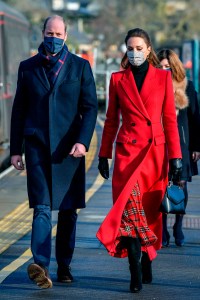Duke and Duchess of Cambridge royal train tour. The Duke and Duchess of Cambridge arrive at Bath Spa train station, ahead of a visit to a care home in the city to pay tribute to the efforts of care home staff throughout the COVID-19 pandemic, on the final day of a three-day tour across the country. Picture date: Tuesday December 8, 2020. See PA story ROYAL Train. Photo credit should read: Ben Birchall/PA Wire URN:57003244 (Press Association via AP Images)