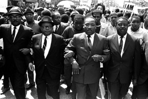 The Rev. Ralph Abernathy, right, and Bishop Julian Smith, left, with Dr. Martin Luther King, Jr., during a civil rights march in Memphis, Tenn., March 28, 1968.